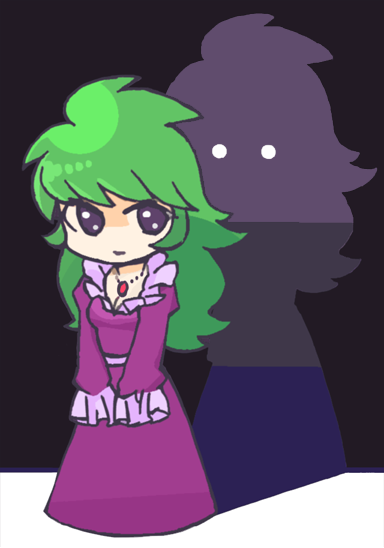 1girl ahoge between_legs closed_mouth cyborg cyborg_009 dress full_body ghost green_hair hand_between_legs jewelry long_hair madame_(cyborg_009) necklace norakura-promenade purple_dress purple_eyes shadow simple_background smile solo
