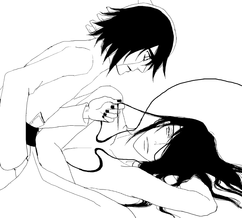 arrancar bleach kaier_allgemeine male_focus monochrome nnoitra_gilga pixiv_sample sketch ulquiorra_cifer yaoi