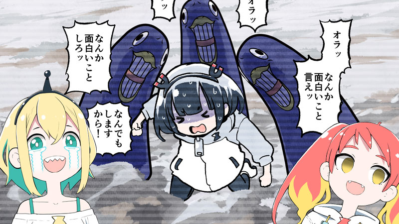 &gt;_&lt; 3girls :d amano_pikamee animal bad_link bare_shoulders bird black_hair black_hairband black_legwear blonde_hair boots collarbone crying drawstring closed_eyes fangs green_eyes green_hair grin gyari_(bird) gyari_(imagesdawn) hairband hikasa_tomoshika hood hood_down hoodie jacket jitomi_monoe kneeling leaning_to_the_side long_hair magnet multicolored_hair multiple_girls off-shoulder_shirt off_shoulder official_art open_mouth pantyhose red_hair shaded_face sharp_teeth shirt short_hair smile streaming_tears sweat tears teeth translation_request twintails two-tone_hair virtual_youtuber voms wavy_mouth white_footwear white_hoodie white_jacket white_shirt yellow_eyes zipper_pull_tab