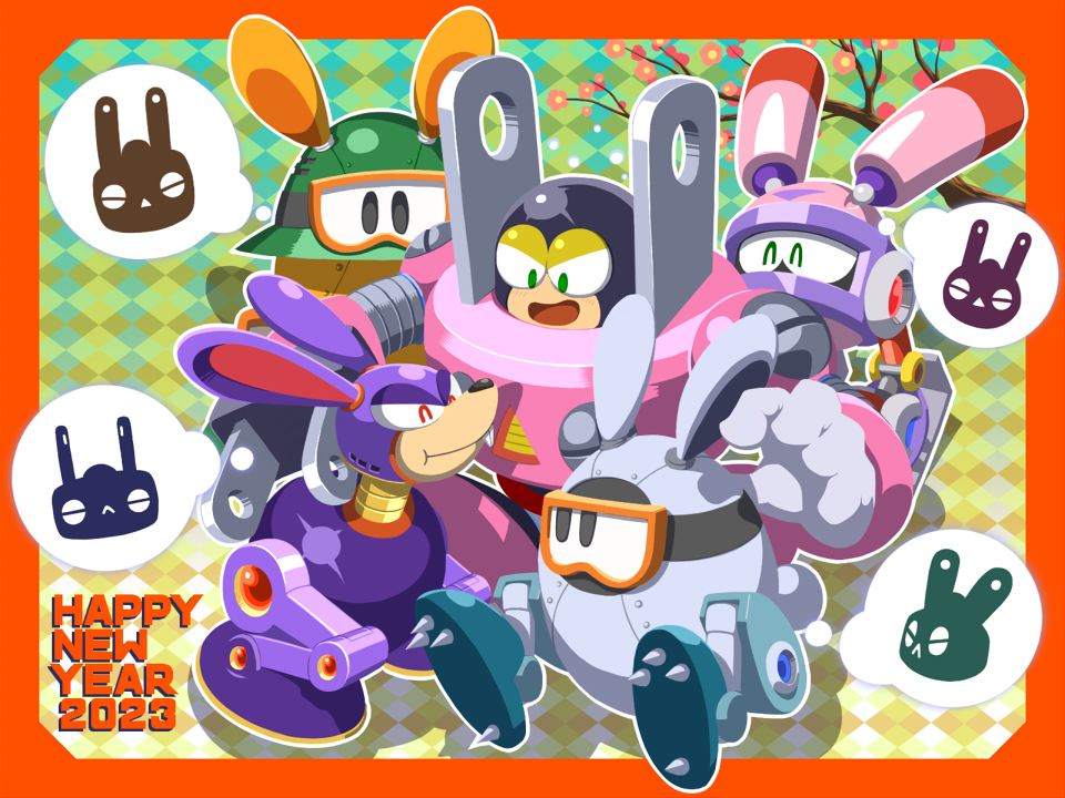 1boy 2023 :d android animal_ears argyle_background argyle_clothes black_eyes border branch chinese_zodiac closed_eyes closed_mouth commentary_request english_text flower gloves green_eyes grey_gloves happy happy_new_year looking_at_another male_focus mega_man_(classic) mega_man_(series) mega_man_9 napo nengajou new_year non-humanoid_robot open_mouth orange_border pink_flower plug_man rabbit_ears rabbiton_(mega_man) robot robot_animal sitting smile snow_robbit_(mega_man) speech_bubble thought_bubble trait_connection wild_robbit_(mega_man) year_of_the_rabbit
