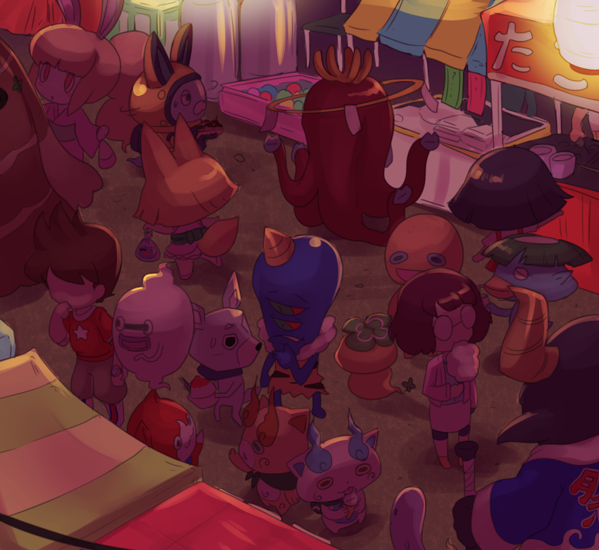 4girls amano_keita bag bagged_fish character_request cotton_candy festival fish food from_above ghost glasses hanako-san_(youkai_watch) holding holding_cotton_candy holding_food japanese_clothes jibanyan kimono komajirou komasan misora_inaho multiple_girls nollety shaved_ice snowrabby takoyaki usapyon whisper_(youkai_watch) youkai_(youkai_watch) youkai_watch