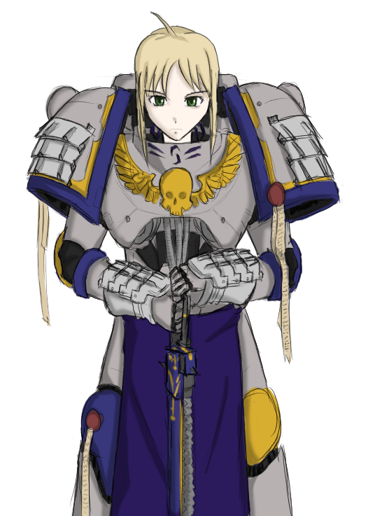 1girl adeptus_astartes ahoge armor artoria_pendragon_(fate) blonde_hair blue_trim breastplate chainsword commentary crossover csp499 english_commentary expressionless facing_viewer fate_(series) gauntlets gorget green_eyes grey_armor holding_chainsword looking_at_viewer pauldrons planted planted_sword planted_weapon power_armor purity_seal shoulder_armor sketch skull solo sword warhammer_40k weapon white_background