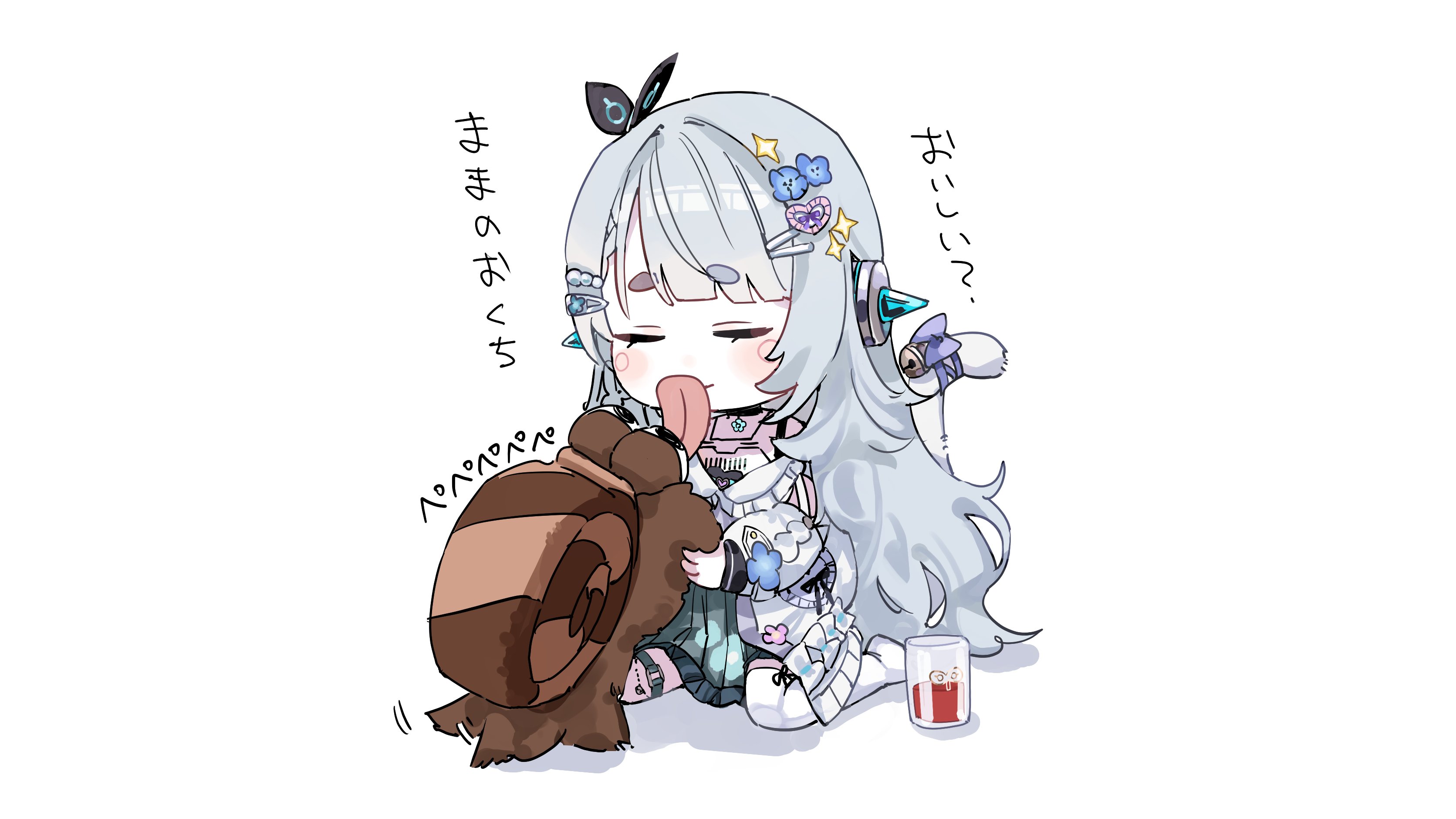 1girl absurdres and_uge android blue_flower blunt_bangs blush bow cat_tail circle_facial_mark closed_eyes closed_mouth commentary cup dress flower full_body grey_hair hair_flower hair_ornament hanada_ten highres long_hair long_sleeves nanashi_inc. purple_bow robot_girl simple_background sitting smile snail solo symbol-only_commentary tail tail_bow tail_ornament thick_eyebrows thighhighs tongue tongue_out translation_request very_long_hair virtual_youtuber wariza white_background white_dress white_thighhighs