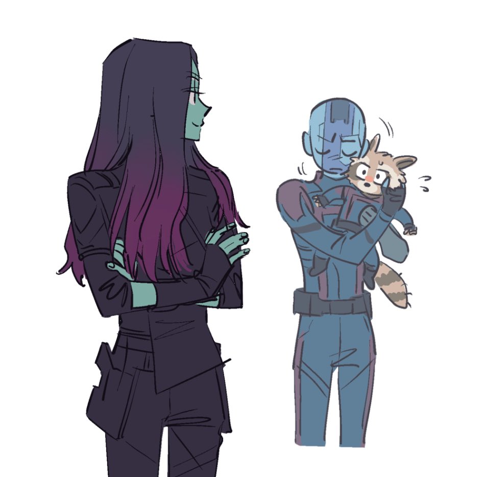 1boy 2girls blue_skin closed_mouth colored_skin fingerless_gloves gamora gloves green_skin guardians_of_the_galaxy guardians_of_the_galaxy_vol._3 hug marvel marvel_cinematic_universe multiple_girls nebula_(gotg) rocket rocket_raccoon simple_background skdlfjgrp smile white_background