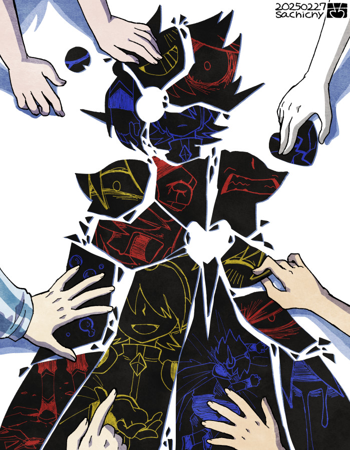 1girl 3boys aizawa_sachi aubrey_(headspace)_(omori) aubrey_(omori) captain_spaceboy colored_skin dated disembodied_hand hero_(headspace)_(omori) hero_(omori) kel_(headspace)_(omori) kel_(omori) long_sleeves multiple_boys omori omori_(omori) white_skin