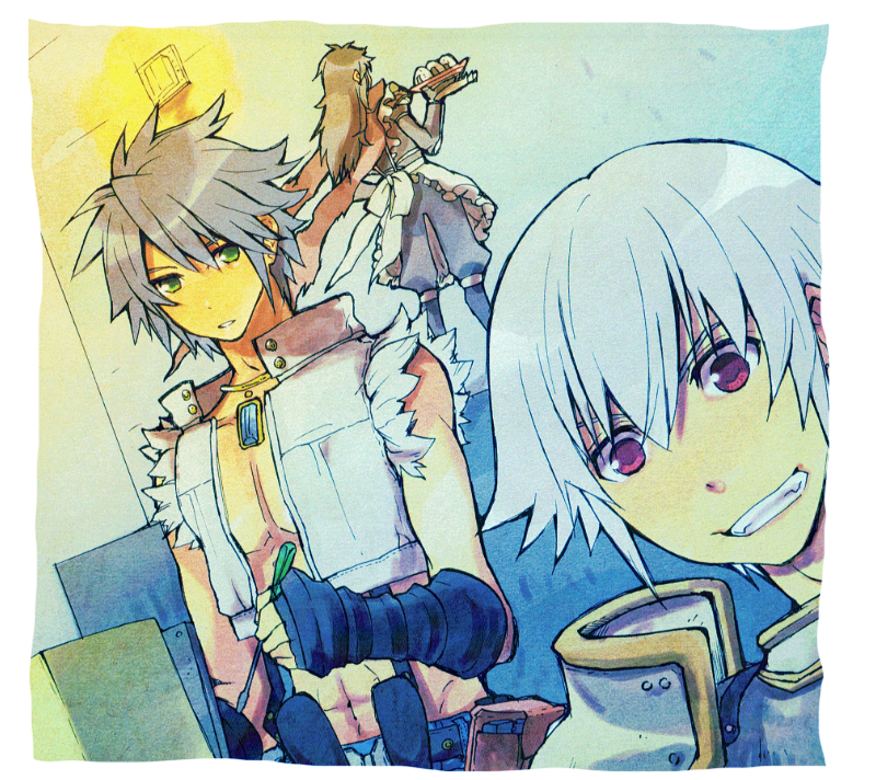 3boys armor assassin_cross_(ragnarok_online) bad_id black_pants closed_mouth commentary_request crop_top eremes_guile expressionless food fur-trimmed_shirt fur_trim grey_hair grin howard_alt-eisen lala_(sputnik) long_hair looking_at_viewer lord_knight_(ragnarok_online) male_focus multiple_boys onigiri open_clothes open_shirt pants pauldrons ragnarok_online red_eyes seyren_windsor shirt short_hair shoulder_armor sleeveless sleeveless_shirt smile upper_body white_hair white_shirt whitesmith_(ragnarok_online)