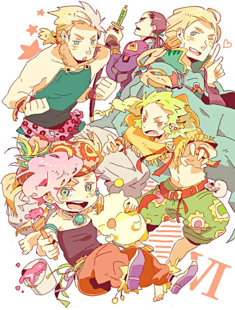 1girl 4boys angry armband armor bag baggy_pants bandana barefoot belt black_hair blonde_hair brooch cape cyan_garamonde edgar_roni_figaro final_fantasy final_fantasy_vi gau gem green_eyes green_hair headscarf heart_(symbol) jewelry katana looking_at_viewer mog moogle multiple_boys one_eye_closed open_mouth paint paint_can paintbrush pants pendant pink_bandana pointed_footwear ponytail red_eyes relm_arrowny sabin_rene_figaro sash satchel star_(symbol) sword tank_top weapon wings wink