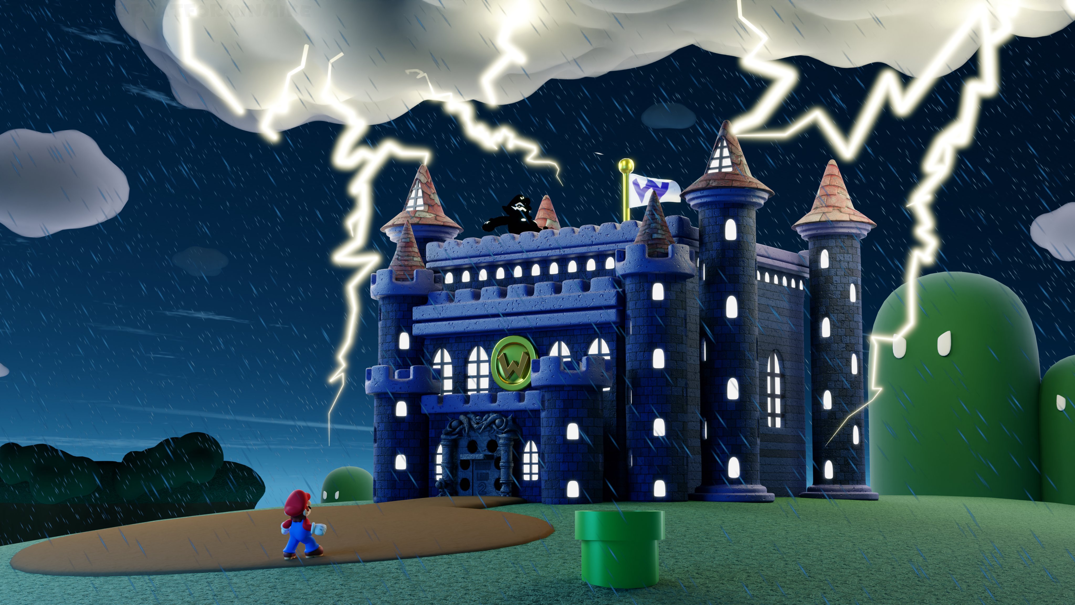 2boys absurdres brown_hair cloud dark_clouds door facial_hair fat fat_man flag flagpole gloves hat highres lightning mario mario_(series) multiple_boys mustache night night_sky nintendo overalls palace rain running sky storm super_mario_land_2 thunder tree wario warp_pipe window
