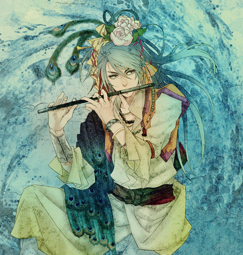1boy blue_hair bracelet feathers flower flute hair_flower hair_ornament instrument jewelry jun_(ash) long_hair male_focus necklace peacock_feather peony_(flower) ryuuren_ran saiunkoku_monogatari solo