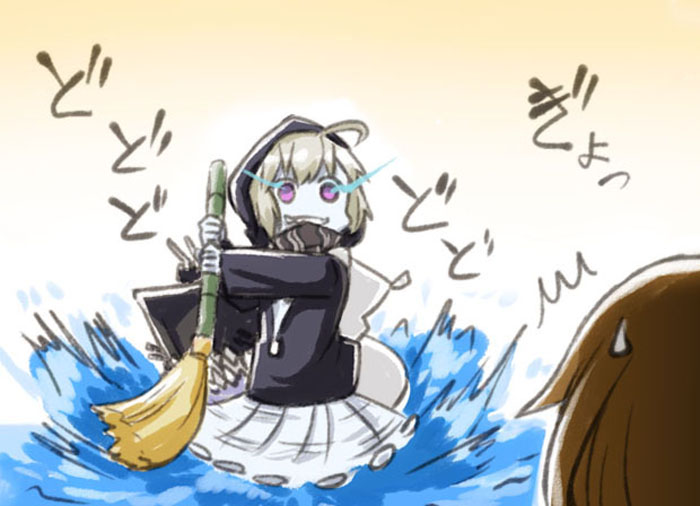 2girls abyssal_ship bad_id bad_pixiv_id brown_hair engiyoshi glowing glowing_eyes hair_flaps kantai_collection long_hair multiple_girls parody purple_eyes re-class_battleship rerere_no_ojisan shigure_(kancolle) short_hair silver_hair sweatdrop tail tensai_bakabon translation_request