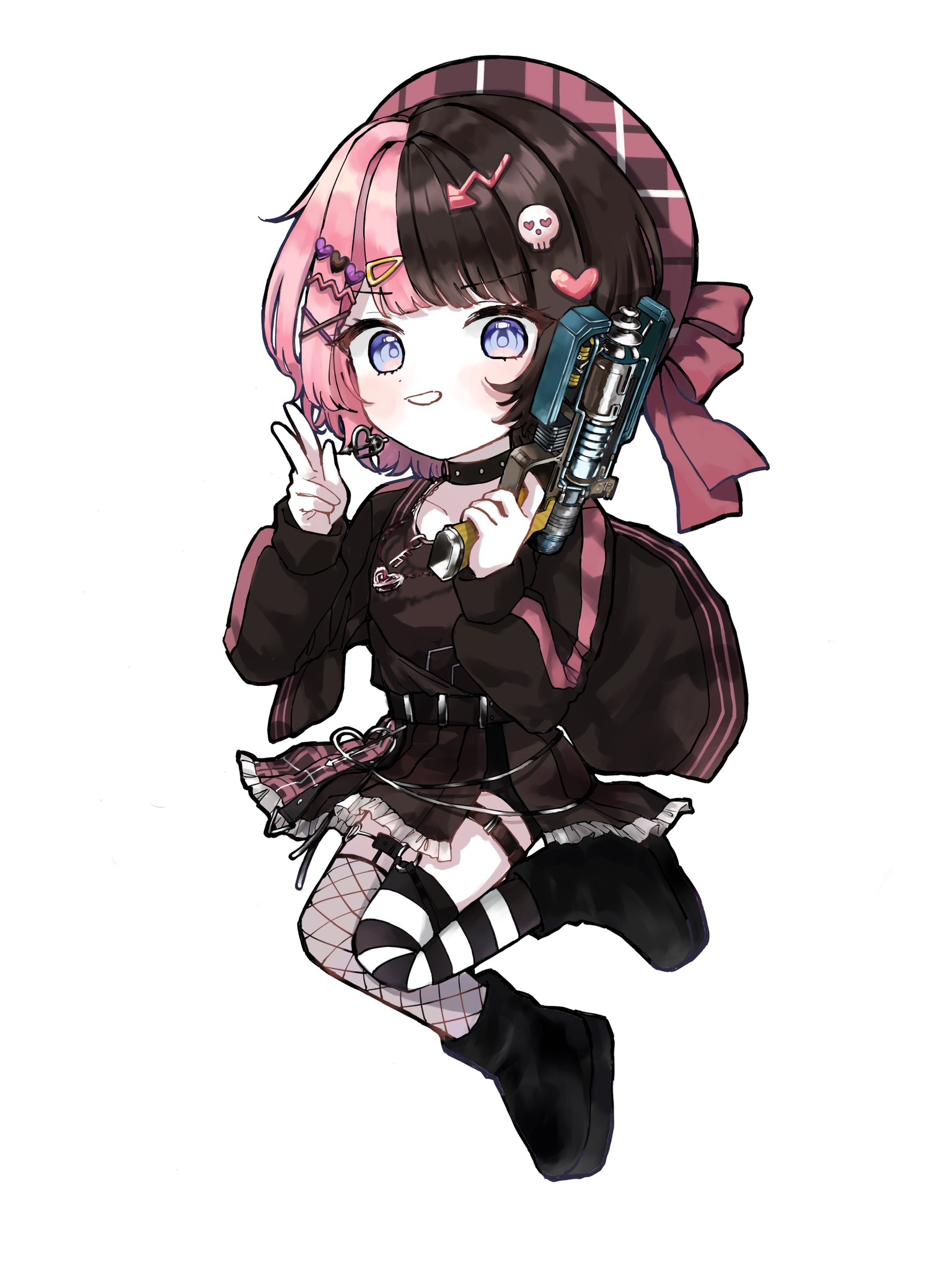 1girl apex_legends asymmetrical_legwear b3_wingman belly_chain beret bike_shorts black_choker black_footwear black_jacket black_shirt black_shorts black_skirt blue_eyes bow brown_hair chibi chibi_only choker collarbone commentary earrings frilled_skirt frills gradient_eyes grin gun hair_intakes hair_ornament hairpin hanada_ten handgun hat hat_bow heart heart_earrings heart_hair_ornament highres holding holding_gun holding_weapon iris_black_games jacket jewelry mismatched_legwear multicolored_eyes multicolored_hair multiple_hairpins necklace o-ring o-ring_thigh_strap overskirt pink_bow pink_hair pink_hat plaid_hat pleated_skirt shirt shorts side_slit single_fishnet_legwear single_thighhigh skirt skull_hair_ornament smile solo split-color_hair striped_clothes striped_thighhighs tachibana_hinano_(3rd_costume) tachibana_hinano thigh_strap thighhighs v virtual_youtuber vspo! weapon white_background