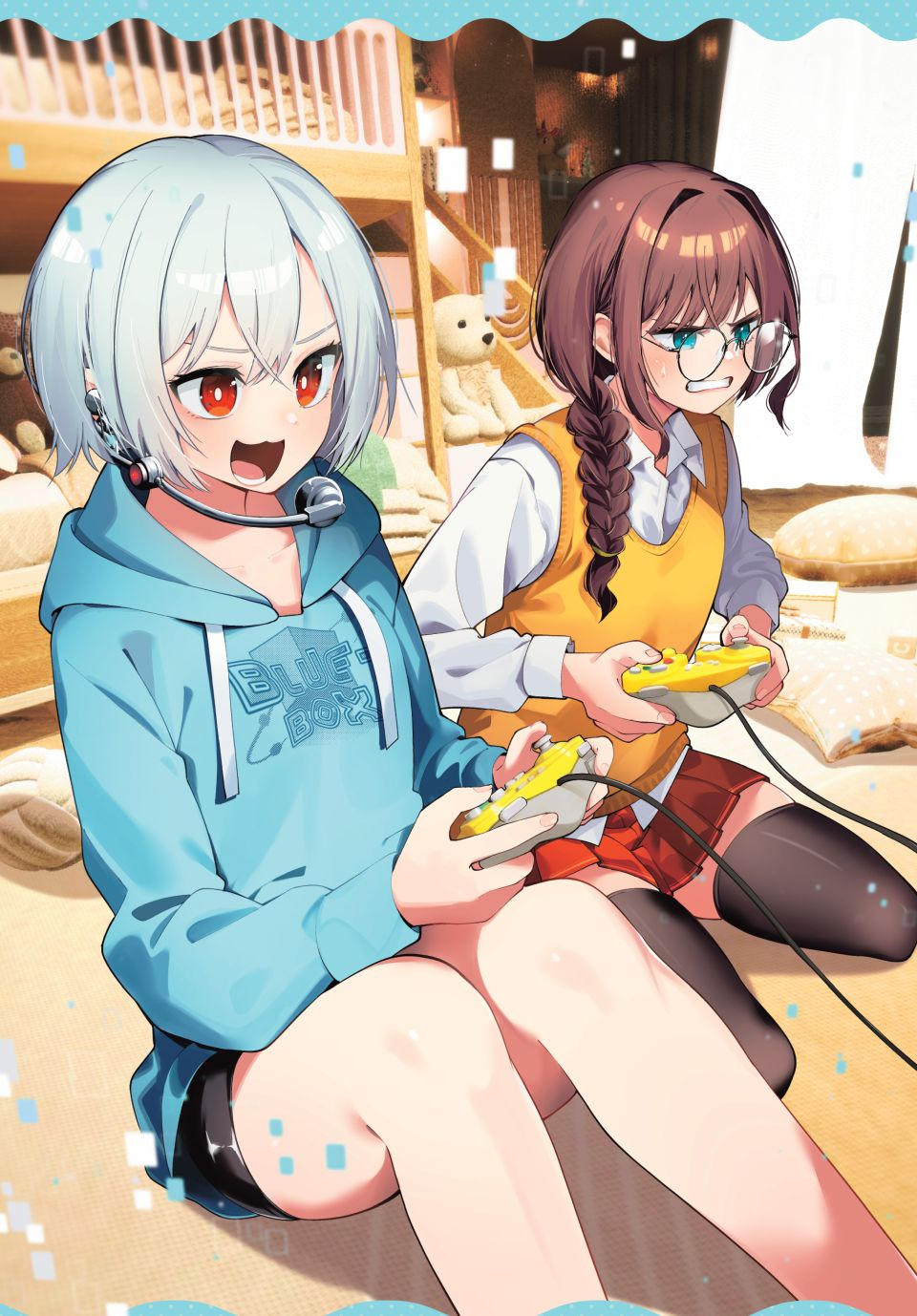 2girls bed bedroom black_shorts black_socks black_thighhighs blue_eyes blue_hoodie blue_jacket braid brown_hair bunk_bed cleaned collarbone collared_shirt colorized controller cover cover_page cushion dot_nose female_focus game_controller glasses headphones headset highres hood hooded_jacket hoodie igarashi_masakuni indoors inohana_rikka jacket kirino_iko kneehighs legs long_hair long_sleeves manga_cover manga_illustration manga_page mayonaka_heart_tune microphone miniskirt multiple_girls official_art open_mouth pillow playing_games pleated_skirt red_eyes red_skirt seiza shirt shirt_under_sweater shirt_under_vest short_hair shorts sitting skirt smirk socks struggling stuffed_animal stuffed_toy sweatdrop sweater sweater_vest teddy_bear teeth thighhighs thighs thighs_focus vest video_game white_hair white_shirt yellow_sweater yellow_sweater_vest zettai_ryouiki