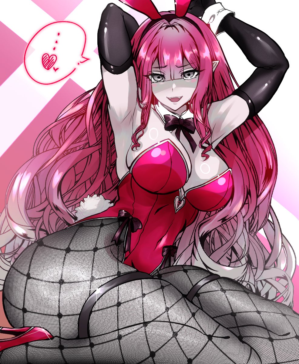 1girl arms_up baobhan_sith_(fate) bird black_pantyhose breasts crow elbow_gloves fate/grand_order fate_(series) gloves high_heels highres leotard long_hair looking_at_viewer open_mouth pantyhose pink_hair playboy_bunny pointy_ears red_leotard satou_nui sidelocks sitting smile solo speech_bubble yokozuwari