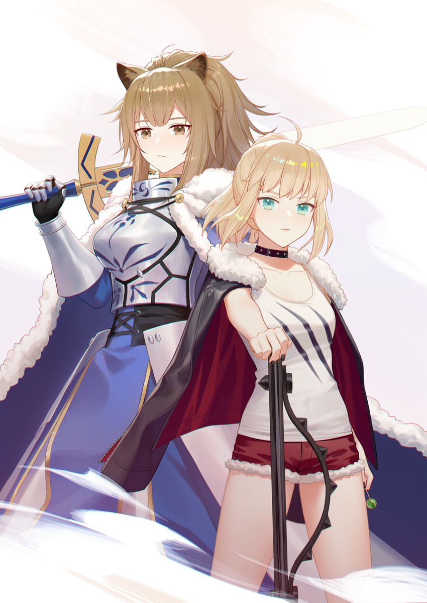 2girls ahoge animal_ears arknights armor armored_dress artoria_pendragon_(fate) black_jacket black_nails blonde_hair blue_cape blue_dress breastplate brown_eyes brown_hair candy cape choker closed_mouth collarbone commentary_request cosplay costume_switch crossover dress excalibur_(fate/stay_night) fate/grand_order fate/stay_night fate_(series) food fur-trimmed_cape fur-trimmed_jacket fur_trim gauntlets green_eyes hair_between_eyes highres holding holding_candy holding_food holding_lollipop holding_sword holding_weapon jacket jacket_on_shoulders kawasumi_ayako knight lion_ears lion_girl lollipop long_hair looking_at_viewer multiple_girls nail_polish ponytail red_shorts rj_(lingshih10) saber_(fate) saber_(fate)_(cosplay) shirt short_hair short_shorts shorts siege_(arknights) siege_(arknights)_(cosplay) simple_background sword voice_actor_connection weapon white_shirt