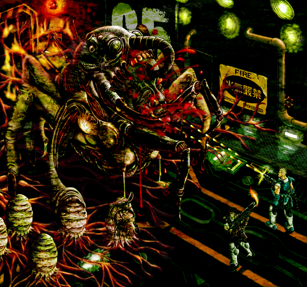 2boys alien armor bandana battle bill_rizer black_hair blonde_hair blood claws contra damaged egg energy_gun fangs firing flamethrower gun injury laboratory lance_bean machine_gun male_focus military military_uniform monster multiple_boys realistic resized science_fiction slime soldier spoilers teeth tentacles toitoy weapon
