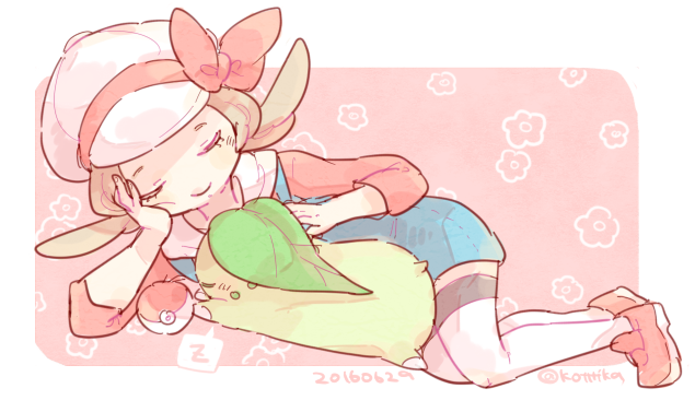 1girl 2016 blue_overalls bow cabbie_hat chikorita closed_eyes closed_mouth creatures_(company) dated game_freak gen_2_pokemon hat hat_bow katiko light_brown_hair lying lyra_(pokemon) nintendo no_nose on_side overalls poke_ball poke_ball_(basic) pokemon pokemon_(creature) pokemon_hgss red_bow red_footwear shoes three-quarter_sleeves smile spoken_zzz thighhighs twintails twitter_username white_headwear white_thighhighs zettai_ryouiki zzz