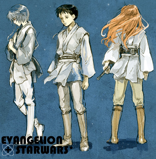 1boy 2girls ayanami_rei black_hair blue_hair boots braid brown_hair cosplay crossover energy_sword from_behind hand_on_another&#039;s_chest hand_on_own_chest ikari_shinji lightsaber mouse_tail multiple_girls neon_genesis_evangelion niko_(silent.whitesnow) parody short_hair souryuu_asuka_langley standing star_wars sword tail weapon