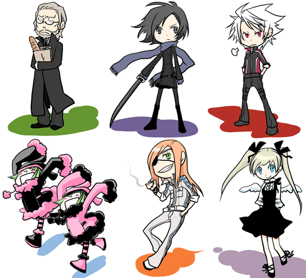 3boys 4girls arms_behind_back arms_up badou_nails bag baguette beard belt black_dress black_eyes black_hair blonde_hair blue_eyes blue_scarf bread breath chibi cigarette coat costume dogs:_bullets_&amp;_carnage dress everyone eyepatch facial_hair food full_body fur_trim fuyumine_naoto glasses green_eyes green_hair grey_hair grin groceries grocery_bag haine_rammsteiner hands_in_pockets holding holding_sword holding_weapon long_hair long_sleeves looking_at_viewer luki mihai mihai_mihaeroff multiple_boys multiple_girls nill noki nrht old old_man orange_hair pantyhose pom_pom_(clothes) red_eyes scarf shopping_bag simple_background sleeves_past_wrists smile smoke standing sword teeth very_long_hair weapon white_background