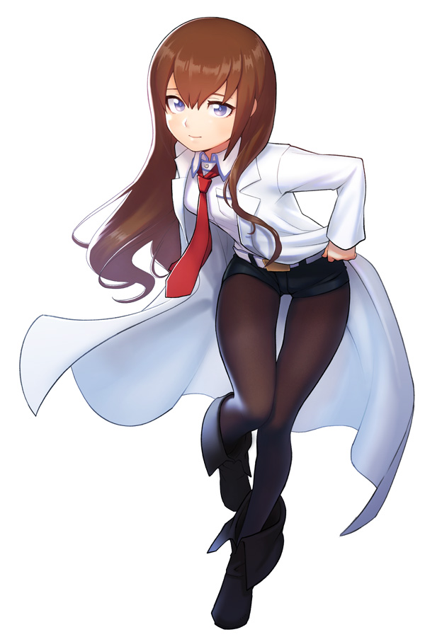 1girl belt bent_over black_boots black_pantyhose black_shorts blue_eyes boots brown_hair closed_mouth collared_shirt dress_shirt floating_hair full_body hair_between_eyes lab_coat long_hair looking_at_viewer makise_kurisu necktie nekobayashi_(nekoforest) pantyhose pantyhose_under_shorts red_necktie shirt short_shorts shorts simple_background smile solo standing standing_on_one_leg steins;gate straight_hair thigh_gap very_long_hair white_background white_belt white_shirt wing_collar