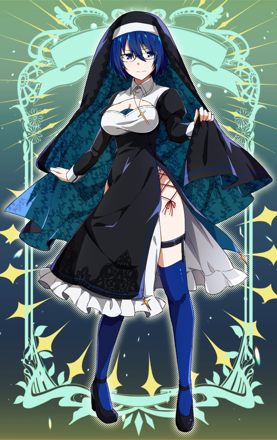 1girl adapted_costume alternate_costume azami_masurao black-framed_eyewear black_dress black_footwear blue_eyes blue_hair blue_thighhighs breasts ciel_(tsukihime) cleavage cleavage_cutout closed_mouth clothing_cutout commentary_request dress full_body glasses habit hair_between_eyes high_heels highres juliet_sleeves large_breasts long_sleeves looking_at_viewer nun pelvic_curtain puffy_sleeves short_hair side_slit solo thighhighs tsukihime tsukihime_(remake) veil