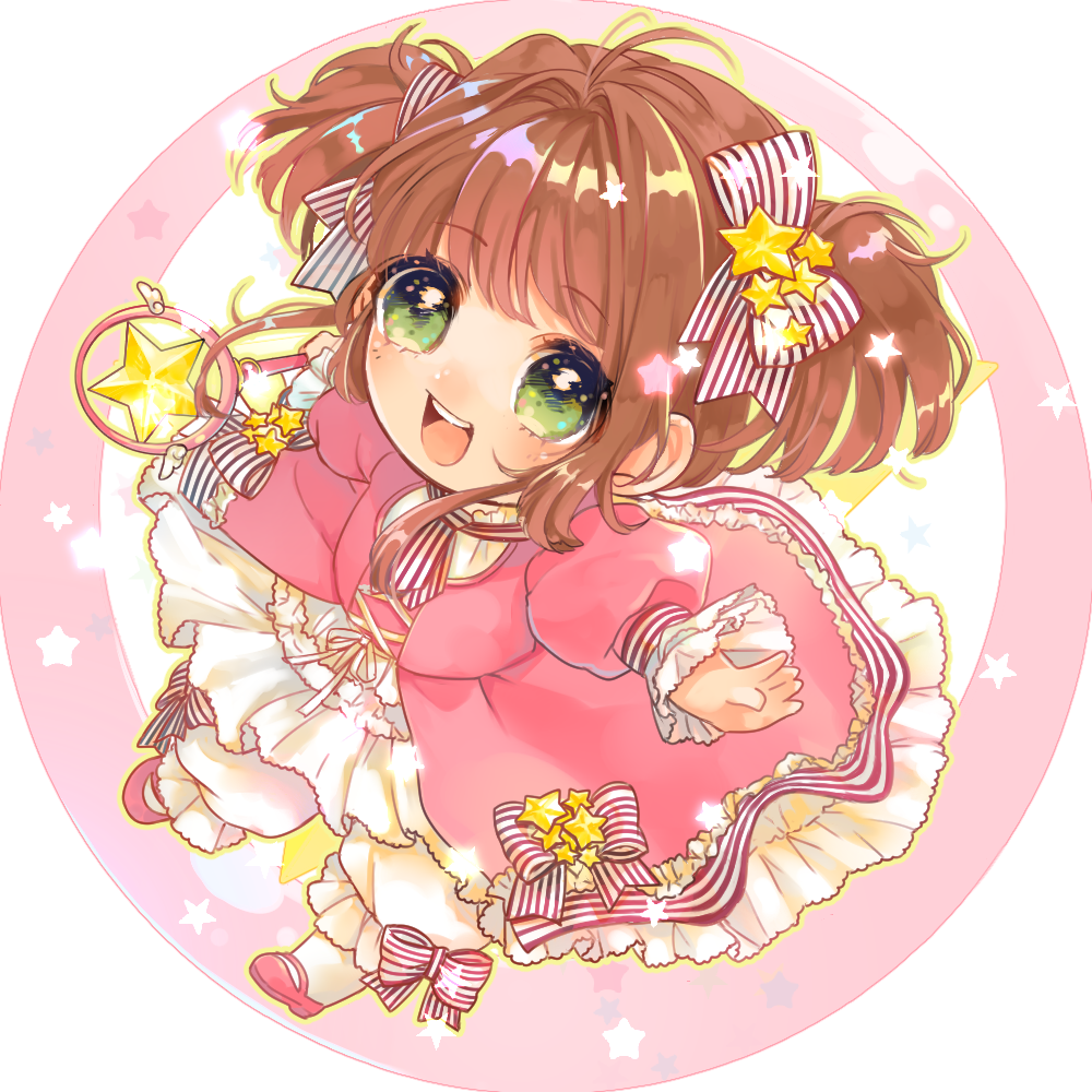 1girl 58_(scbaby) bloomers brown_hair cardcaptor_sakura chibi chibi_only dress green_eyes holding holding_wand kinomoto_sakura long_sleeves looking_at_viewer mary_janes open_mouth pantyhose pink_dress puffy_sleeves shoes solo twintails underwear wand white_pantyhose