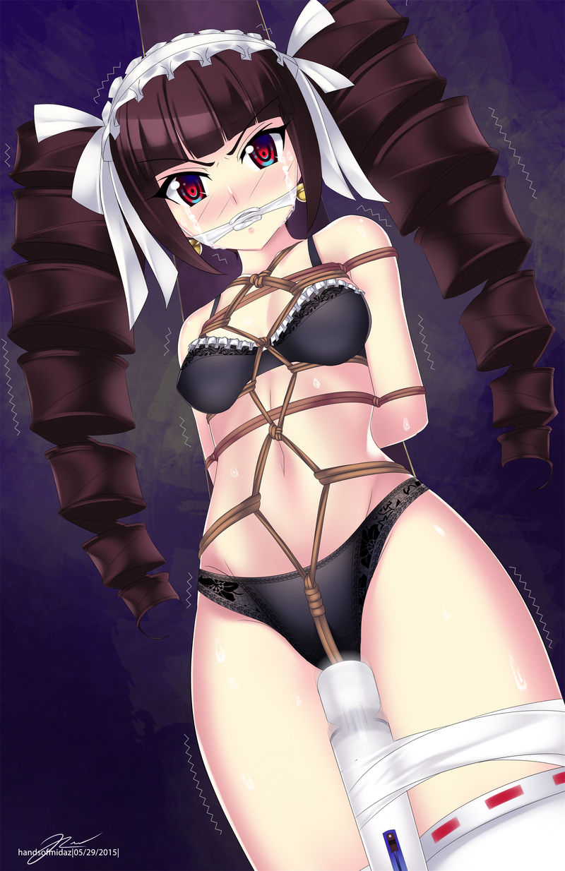 1girl arms_behind_back artist_name bdsm bell bell_earrings black_bra black_hair black_panties blush bondage bound bound_arms bound_breasts bound_torso bound_wrists bra breasts celestia_ludenberg clenched_teeth cloth_gag crotch_rope crying crying_with_eyes_open danganronpa:_trigger_happy_havoc danganronpa_(series) drill_hair earrings female_focus forced_orgasm frill_trim frilled_bra frills gag gagged hair_drill hairband handsofmidaz highres hitachi_magic_wand improvised_gag jewelry lace lace-trimmed_panties lace_trim looking_at_viewer matching_outfits motion_lines navel open_mouth panties pole purple_background red_eyes sex_toy shibari signature simple_background small_breasts solo standing tape tape_bondage tearing_up tears teeth thighhighs tied_to_stake twin_drills underwear underwear_only vibrator wand watermark white_headwear