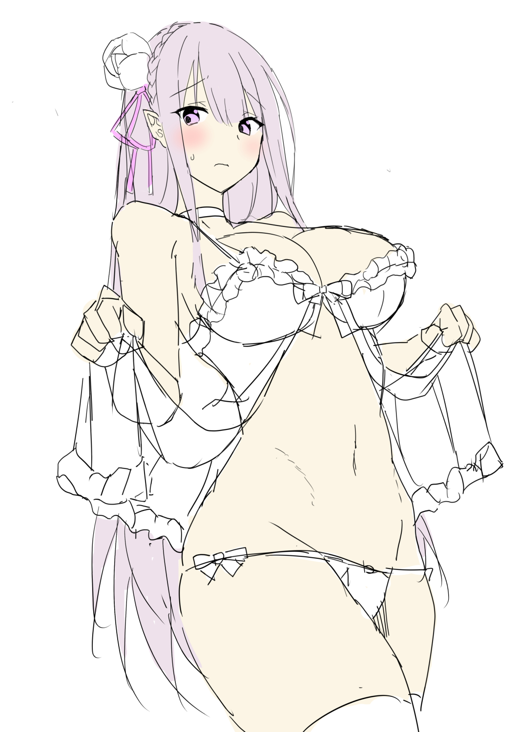 1girl 2022 20s bare_shoulders blush bow braid breasts cleft_of_venus elf emilia_(re:zero) flower frills grey_hair hair_ornament hair_ribbon highres large_breasts lingerie long_hair looking_at_viewer minato_yoshihiro navel panties pointy_ears purple_eyes purple_ribbon re:zero_kara_hajimeru_isekai_seikatsu ribbon rose simple_background sketch solo standing stomach thick_thighs thighhighs thighs underwear very_long_hair white_background white_panties wide_hips
