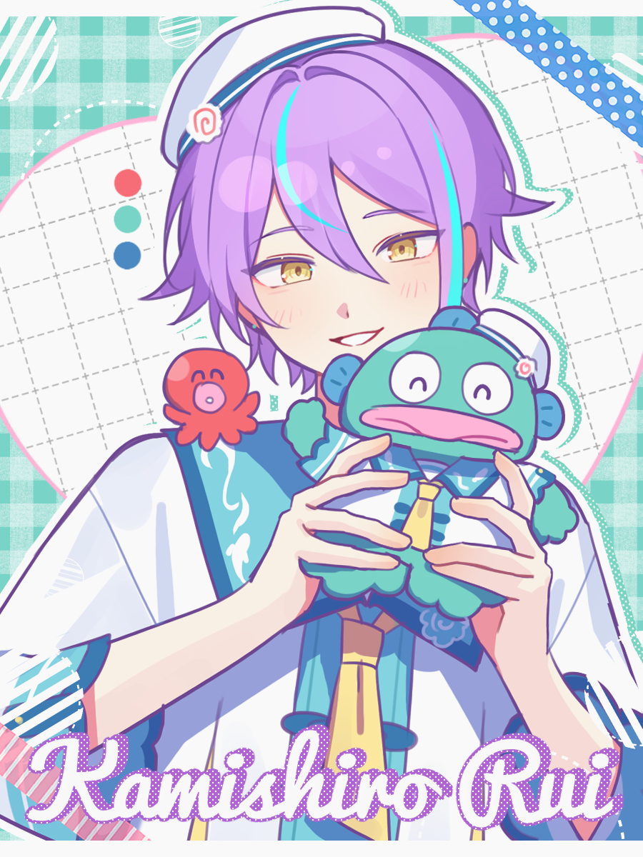 1boy animal animal_on_shoulder blue_hair blue_sailor_collar blush character_name closed_eyes color_guide commentary drop_shadow green_background grid_background hangyodon hat highres holding holding_animal kamishiro_rui kappa letterboxed looking_at_viewer male_focus multicolored_hair necktie octopus plaid_background project_sekai purple_hair sailor_collar sailor_hat sanrio shirt streaked_hair waka_(wk4444) white_headwear white_shirt yellow_eyes yellow_necktie