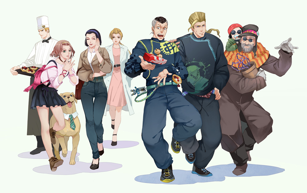4boys 4girls arnold_(jojo) baby beanie beard black_hair blonde_hair chef_hat diamond_wa_kudakenai dog facial_hair flattop food gift guttia hat higashikata_josuke higashikata_tomoko jojo_no_kimyou_na_bouken joseph_joestar joseph_joestar_(old) kishibe_rohan kuujou_joutarou multiple_boys multiple_girls necktie nijimura_keicho nijimura_okuyasu pie pompadour school_uniform shizuka_joestar sugimoto_reimi sunglasses tonio_trussardi tsuji_aya