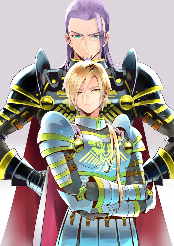 2boys aqua_eyes armor black_armor black_cape blonde_hair cape commentary_request crossed_arms dragon_quest dragon_quest_xi facial_hair gold_trim greig_(dq11) grey_background hair_slicked_back hands_on_own_hips height_difference homeros_(dq11) katori_(katokichi) knight long_hair looking_at_viewer low_ponytail male_focus multiple_boys ponytail purple_facial_hair purple_hair red_cape single_bang smile two-sided_cape two-sided_fabric upper_body white_armor white_cape yellow_eyes