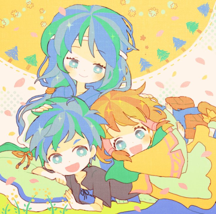 blue_eyes blue_hair blush brother_and_sister brown_hair fire_emblem fire_emblem:_path_of_radiance gloves hair_tubes headband ike_(fire_emblem) kappaman long_hair mist_(fire_emblem) mother_and_daughter mother_and_son nintendo open_mouth short_hair siblings smile