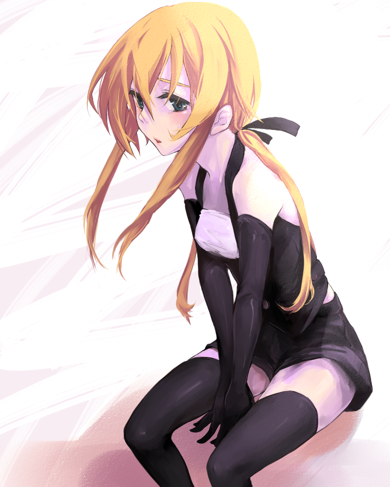1boy chousoku_spinner crossdressing crossdressing_(mtf) elbow_gloves gloves houjouin_seito long_hair male_focus orange_hair otaki55 parted_lips shorts sitting solo thighhighs trap