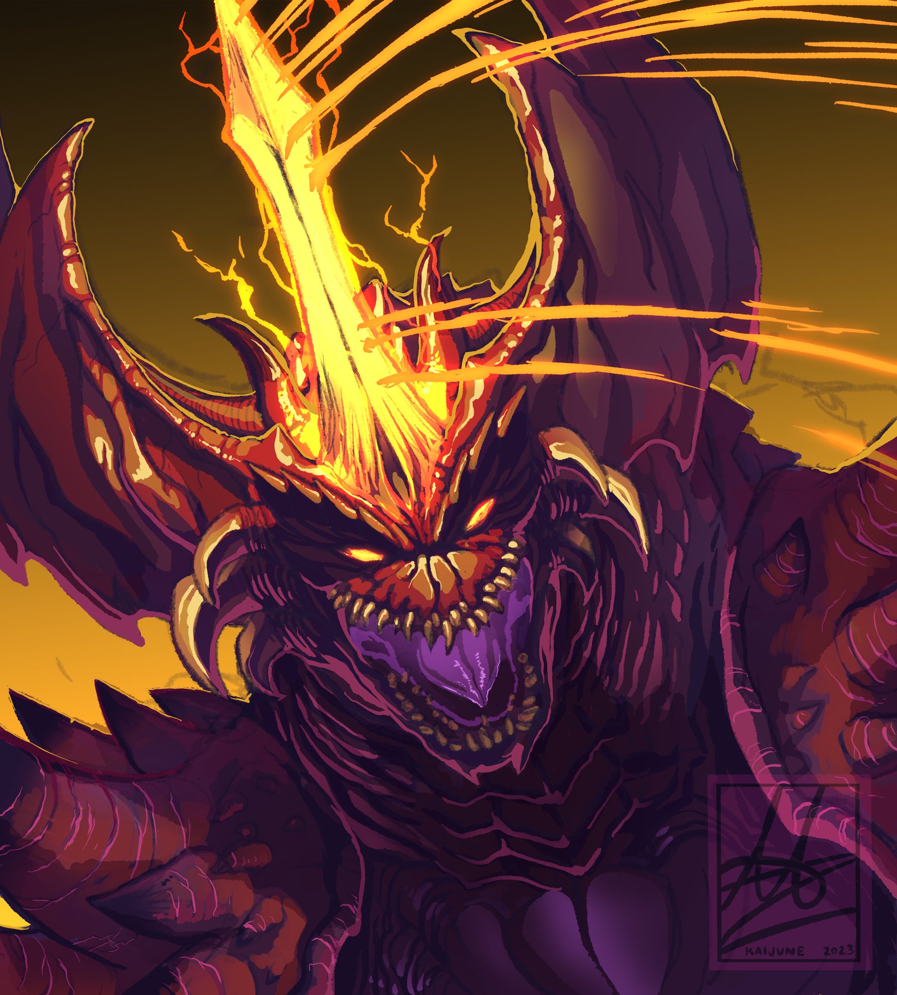 alex_alcanter crest destoroyah electricity energy giant giant_monster glowing glowing_eyes glowing_horns godzilla_(series) godzilla_vs._destoroyah highres horns kaiju monster no_humans no_pupils open_mouth sharp_teeth shoulder_spikes single_horn spikes teeth toho tongue tusks yellow_eyes