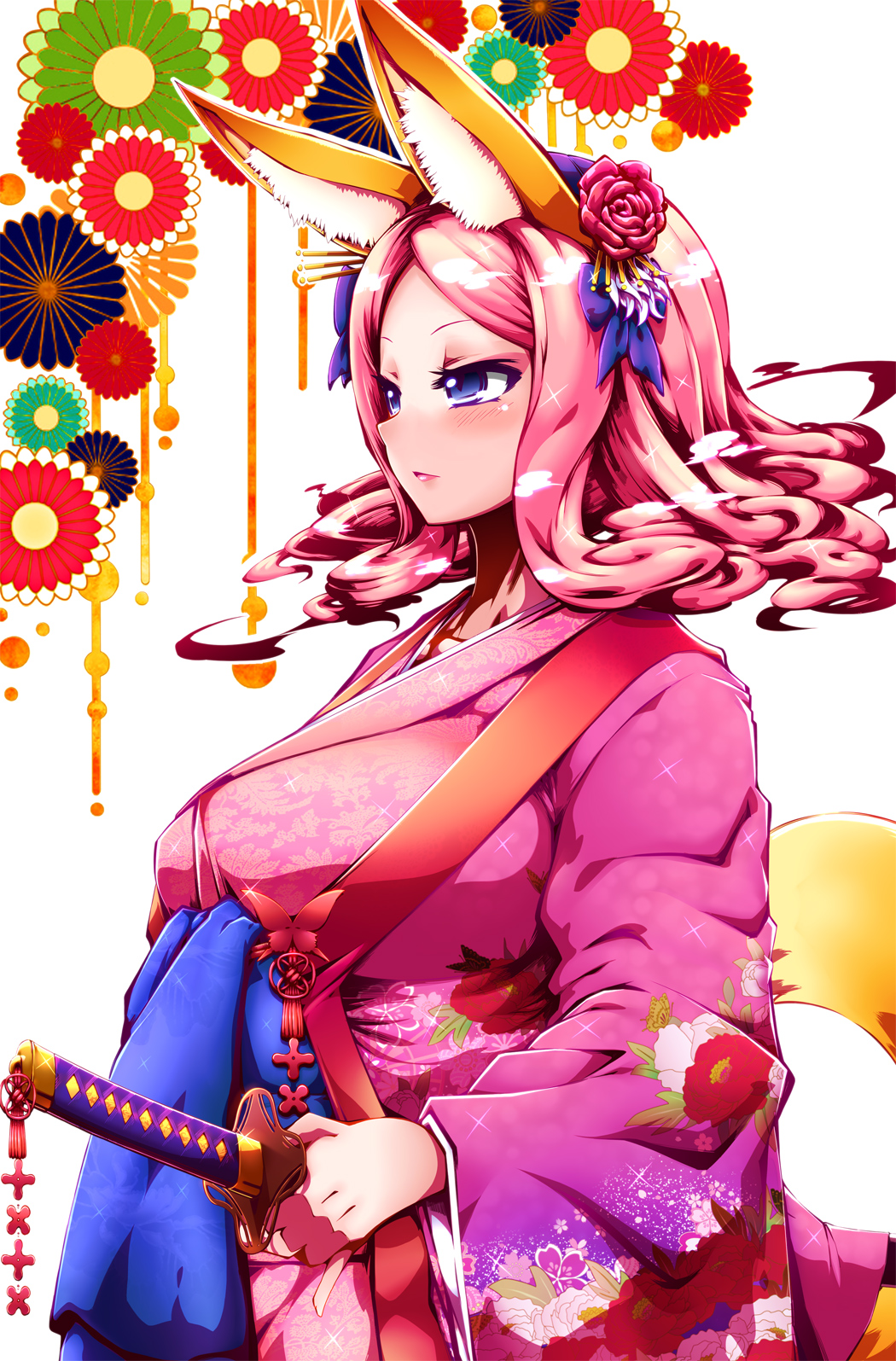 1girl animal_ears blue_eyes blush breasts cowboy_shot expressionless female_focus floating_hair floral_background floral_print flower fox_ears fox_tail from_side hair_flower hair_ornament hair_stick highres holding holding_sword holding_weapon japanese_clothes katana kimono large_breasts long_sleeves looking_afar original parted_bangs pink_hair pink_kimono pink_lips pink_theme sheath sheathed solo sparkle sword tail tokyo_(great_akuta) weapon white_background wide_sleeves