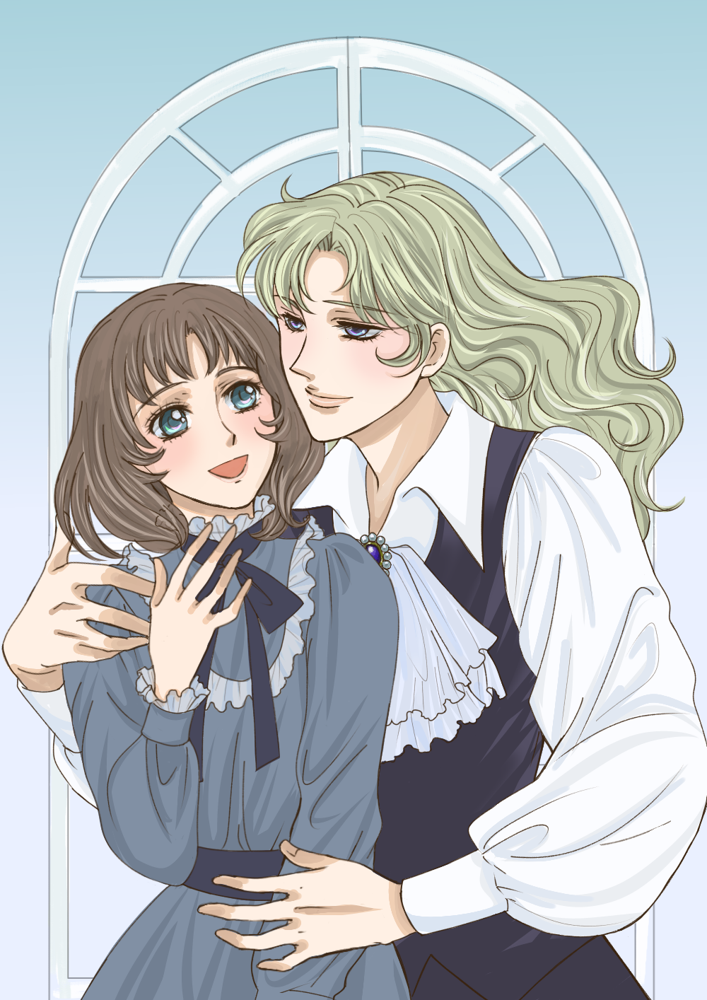 2girls :d asaka_rei ascot black_ribbon black_vest blonde_hair blue_eyes brown_hair dress gradient_background grey_dress highres long_hair long_sleeves medium_hair misonoo_nanako multiple_girls oniisama_e... open_mouth puffy_long_sleeves puffy_sleeves ribbon shirt smile vest white_ascot white_shirt y0229 yuri
