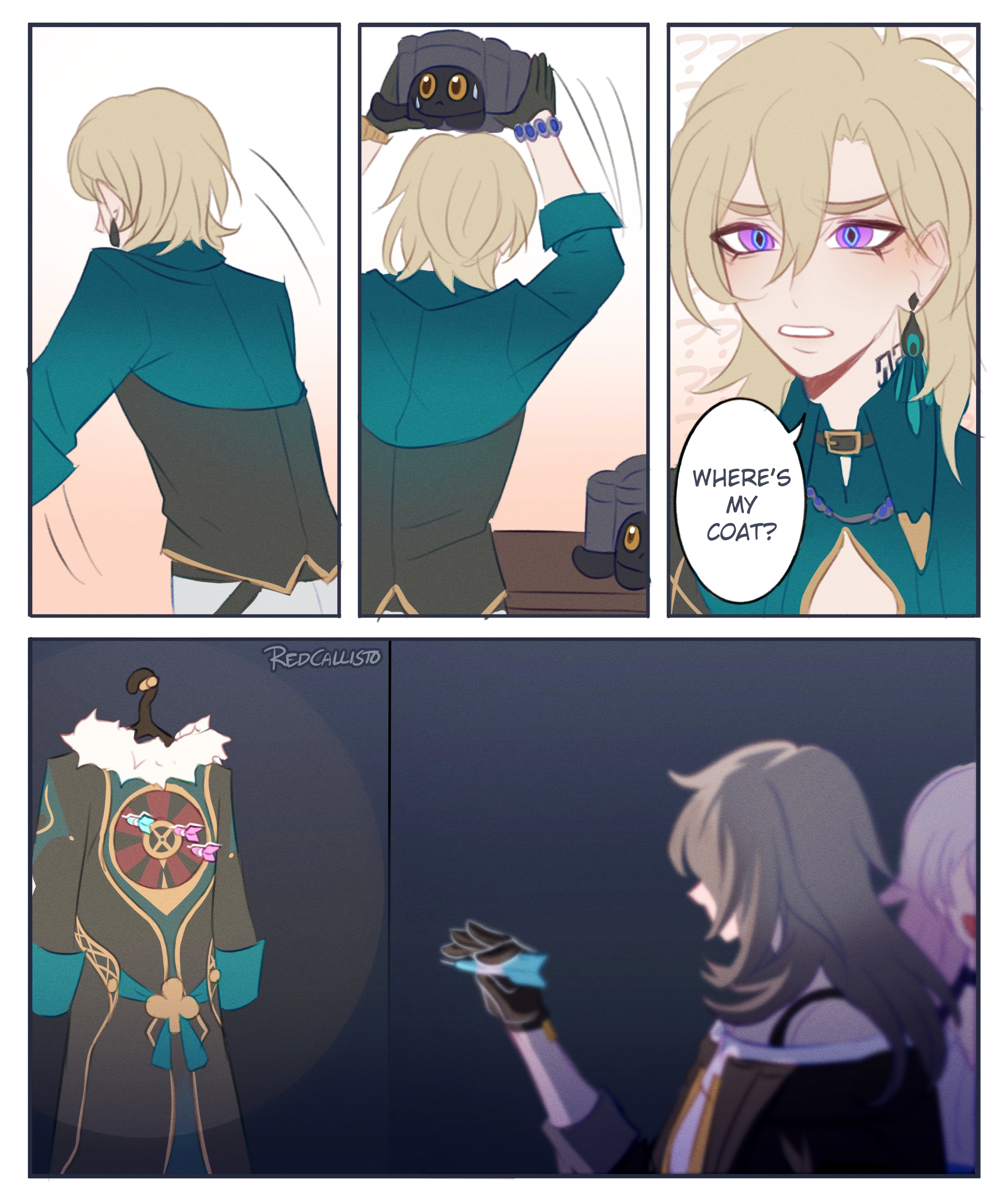 1boy 2girls absurdres aventurine_(honkai:_star_rail) blonde_hair dart earrings english_text grey_hair highres holding_dart honkai:_star_rail honkai_(series) jewelry march_7th_(honkai:_star_rail) march_7th_(preservation)_(honkai:_star_rail) multiple_girls pink_hair purple_eyes rubyredart short_hair single_earring speech_bubble stelle_(honkai:_star_rail) trailblazer_(honkai:_star_rail)