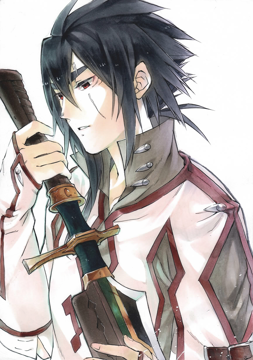 1boy black_hair brown_shirt dress_shirt elbow_gloves facing_to_the_side gloves gurast highres holding holding_sword holding_weapon looking_at_object male_focus original partially_fingerless_gloves popped_collar red_eyes red_trim scabbard scar scar_on_face sheath shirt sword tunic weapon white_background white_gloves white_tunic