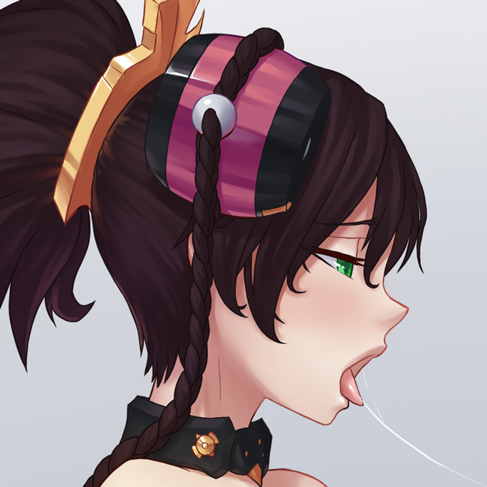 1girl ar_tonelico blush braid brown_hair commentary commission cum cum_string english_commentary female_focus green_eyes grey_background hair_ornament half-closed_eyes jiffic misha_arsellec_lune open_mouth ponytail simple_background solo tongue tongue_out