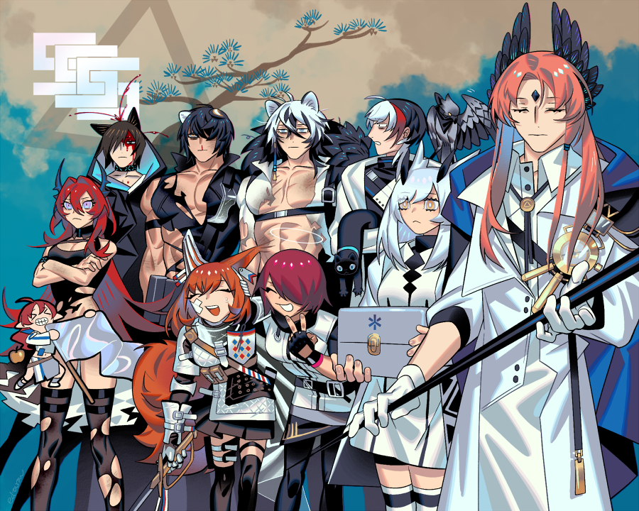 4girls 5boys animal animal_ears arknights armor bird black_thighhighs bleeding blood bottomless cat cat_boy cat_ears censored character_request coat cowboy_shot edarow gloves head_wings horns long_hair multiple_boys multiple_girls muscular muscular_male pink_hair red_hair skirts snow_leopard_boy snow_leopard_ears squirrel_ears squirrel_girl squirrel_tail tail thighhighs tiger_boy tiger_ears torn_clothes white_coat white_gloves wings