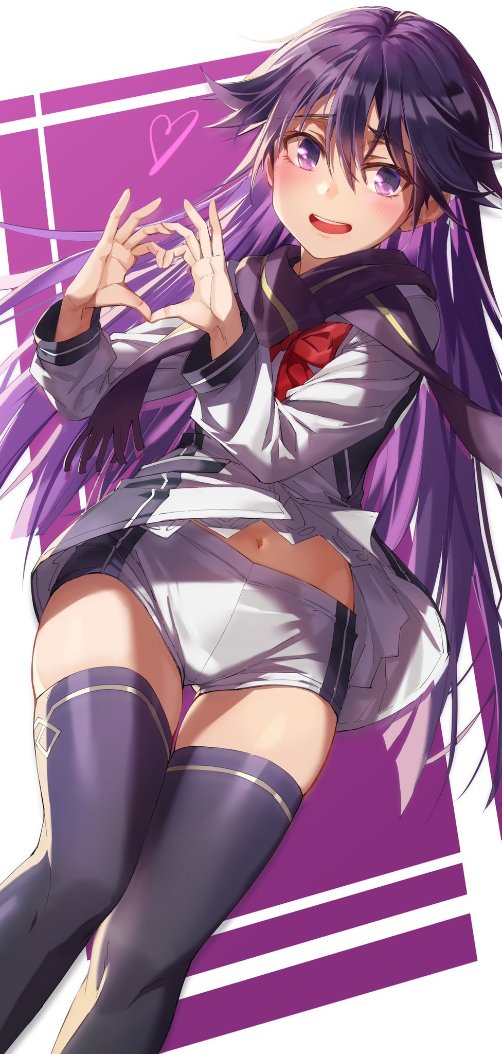 1girl black_thighhighs blush bow feet_out_of_frame highres jacket kuroki_rei long_hair long_sleeves michairu navel open_mouth purple_background purple_eyes purple_hair purple_neckwear red_bow red_neckwear scarf school_uniform serafuku short_shorts shorts smile solo standing teeth thighhighs thighs upper_teeth_only vividred_operation