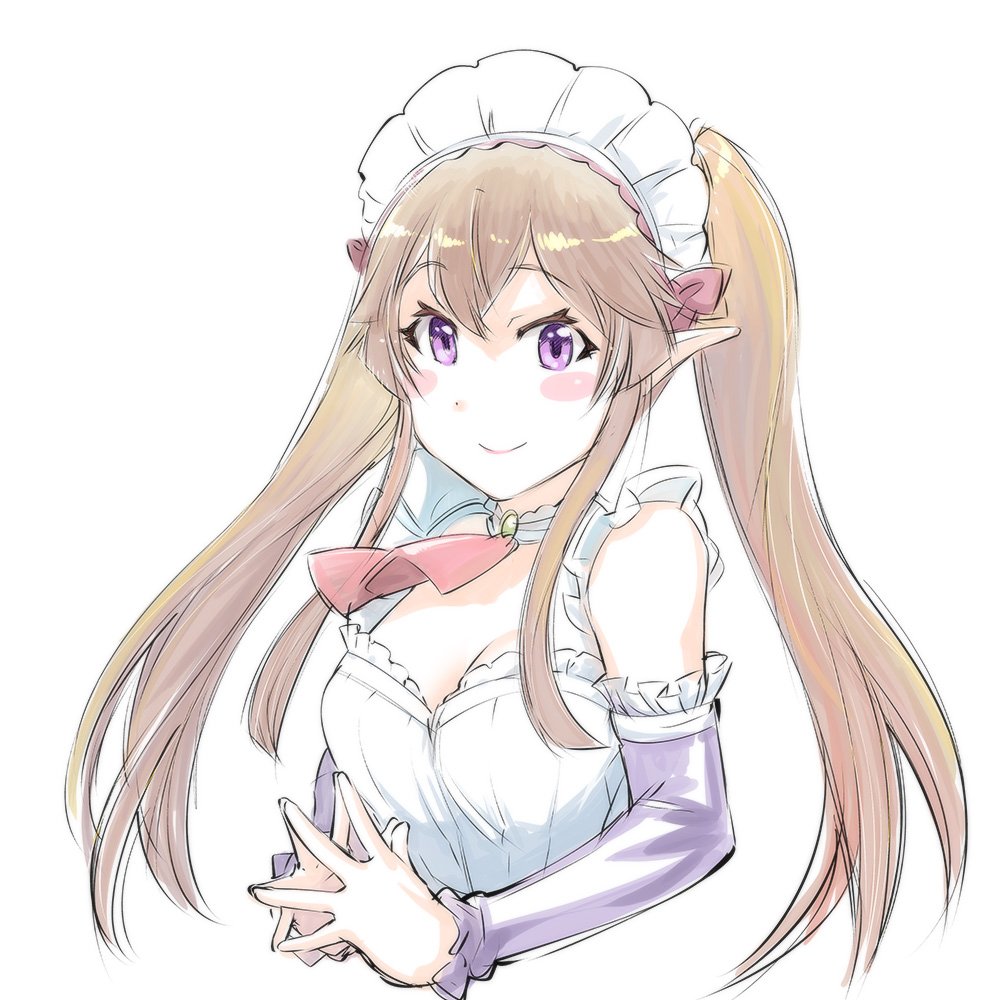 1girl blush breasts brown_hair cleavage closed_mouth detached_sleeves long_hair looking_at_viewer maid_headdress medium_breasts myucel_foalan outbreak_company pointy_ears purple_eyes simple_background smile solo twintails ueyama_michirou white_background