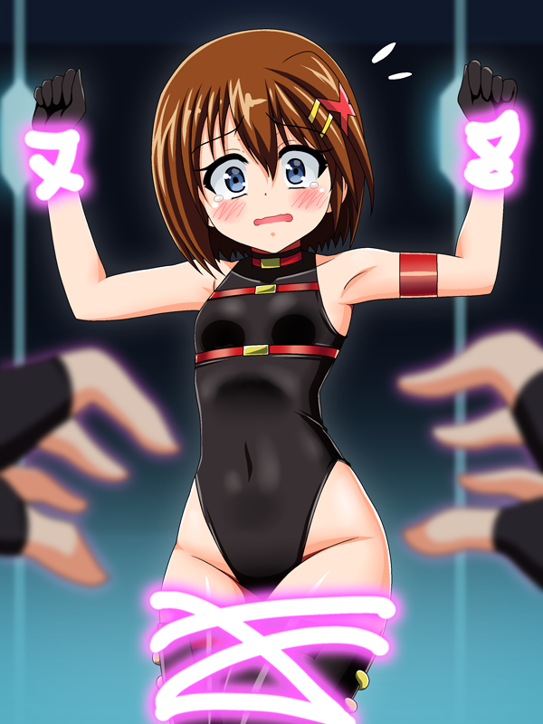 1girl 1other black_gloves black_leotard blue_eyes blurry breasts brown_hair commentary_request cosplay covered_navel cowboy_shot depth_of_field fate_testarossa fate_testarossa_(cosplay) fate_testarossa_(movie_1st_form) fingerless_gloves gloves hair_ornament highleg highleg_leotard leotard looking_at_viewer lyrical_nanoha mahou_shoujo_lyrical_nanoha mahou_shoujo_lyrical_nanoha_a&#039;s mahou_shoujo_lyrical_nanoha_strikers restrained scared short_hair small_breasts solo_focus thighhighs x_hair_ornament yaeba yagami_hayate