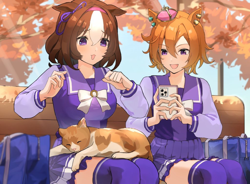 2girls :3 @_@ animal animal_ears animal_on_lap autumn_leaves bag bench blush bow bowtie brown_hair cat cat_on_lap cellphone commentary_request crown earrings ears_down hair_between_eyes hair_bow hairband horse_ears horse_girl horse_tail jewelry leaf long_sleeves matching_outfits meisho_doto_(umamusume) meto_(cat) mini_crown multicolored_hair multiple_girls on_lap open_mouth orange_hair phone pleated_skirt puffy_sleeves purple_eyes purple_shirt purple_skirt purple_thighhighs sailor_collar school_bag school_uniform shirt short_hair sidelocks sitting skirt smartphone smile t.m._opera_o_(umamusume) tail tainy_y thighhighs tracen_school_uniform two-tone_hair umamusume white_bow white_bowtie white_hair white_trim zettai_ryouiki