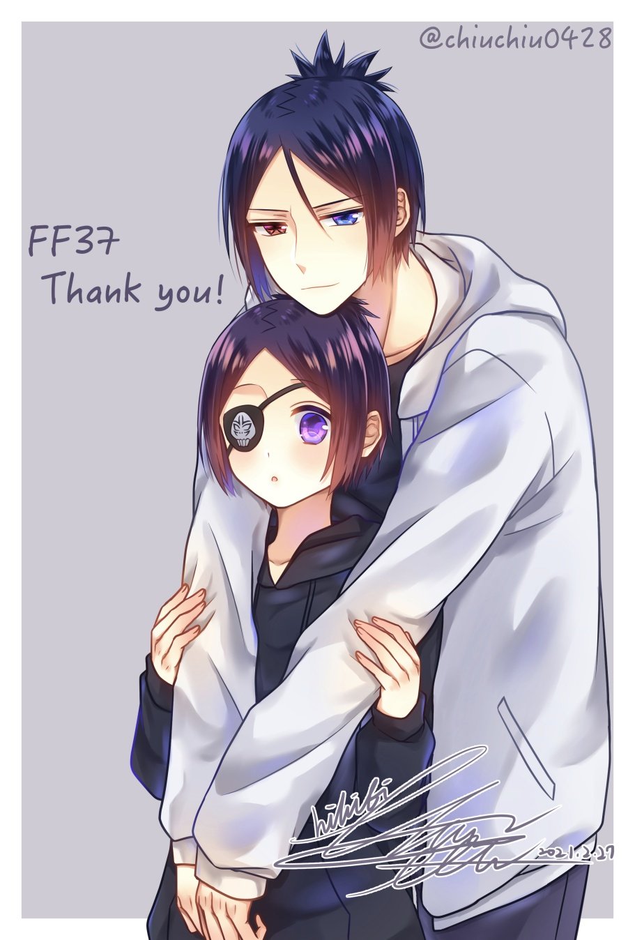 1boy 1girl blue_eyes blue_hair blush chrome_dokuro closed_mouth eyepatch heterochromia highres hihibi hood hoodie katekyo_hitman_reborn! looking_at_viewer open_mouth purple_eyes purple_hair rokudou_mukuro short_hair signature simple_background smile