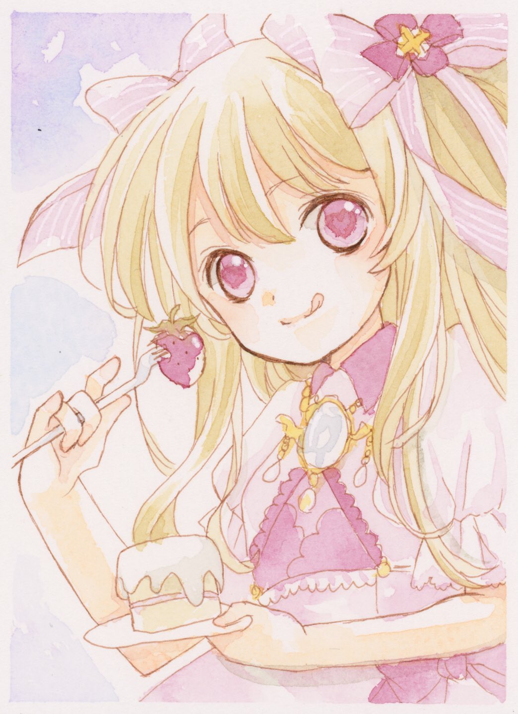 1girl artistic_error blonde_hair cake chaos_marie_(grimms_notes) grimms_notes holding_cake holding_food smile solo suzumori_ayato tongue tongue_out