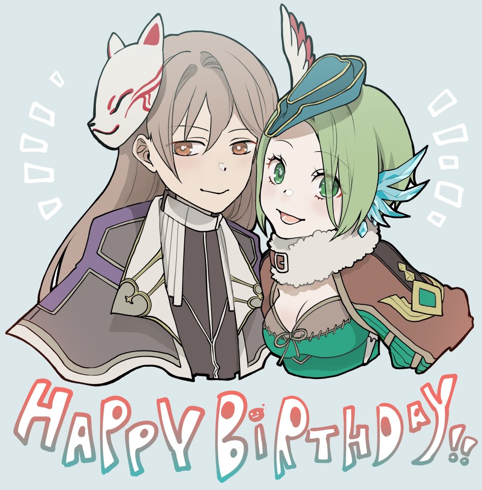 1boy 1girl bicorne black_shirt blue_hat breasts brown_eyes brown_hair brown_jacket cleavage closed_mouth commentary_request fox_mask fur_collar green_eyes green_hair green_shirt grey_background happy_birthday hat inquisitor_(ragnarok_online) jacket long_hair looking_at_viewer mask mask_on_head medium_breasts open_mouth ragnarok_online shirt short_hair smile upper_body wind_hawk_(ragnarok_online) yutsuki