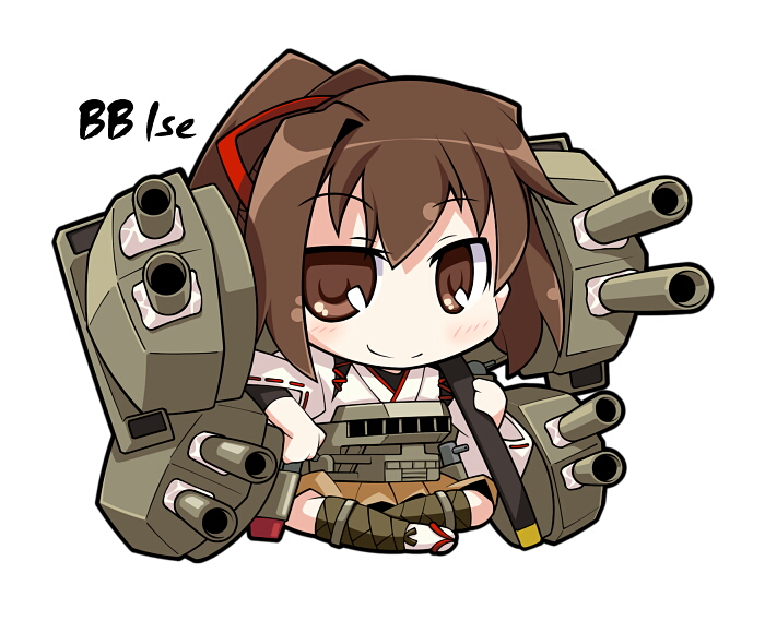 10s 1girl bow brown_eyes brown_hair chibi female_focus hair_bow ise_(kancolle) japanese_clothes kantai_collection long_hair looking_at_viewer personification pleated_skirt ponytail skirt solo take_tonbo