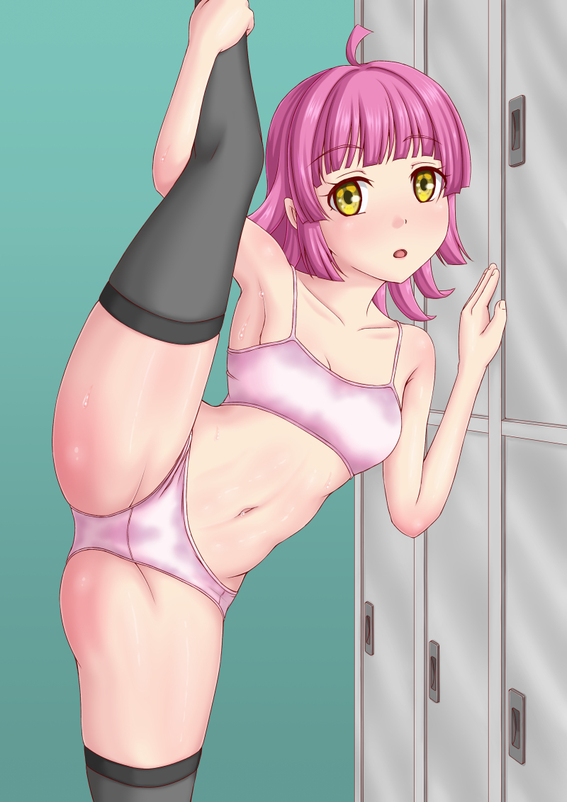 1girl against_locker bare_shoulders black_thighhighs bra breasts female_focus leg_hold leg_lift leg_up long_hair looking_at_viewer love_live! love_live!_nijigasaki_high_school_idol_club open_mouth panties pink_bra pink_hair pink_panties short_hair small_breasts solo split sports_bra standing standing_on_one_leg tennoji_rina tenrai_(temple) thighhighs underwear yellow_eyes