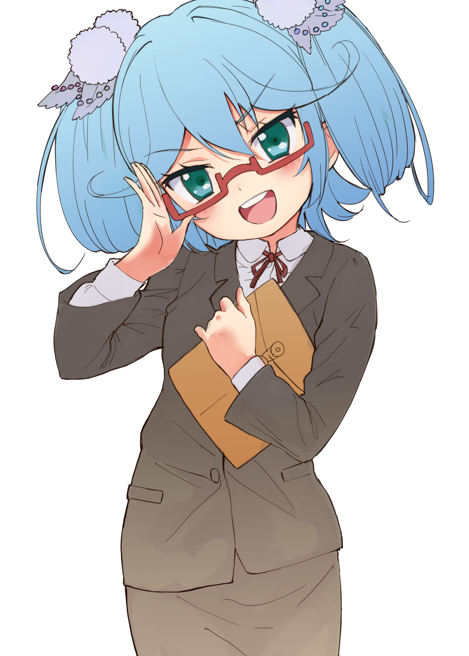 1girl :d absurdres black_jacket black_skirt blue_hair collared_shirt dress_shirt envelope fantasista_doll female_focus glasses green_eyes hair_between_eyes hair_ornament hair_rings hand_up head_tilt highres holding holding_envelope jacket katia_(fantasista_doll) looking_at_viewer manila_envelope neck_ribbon nyama open_mouth red-framed_eyewear red_ribbon ribbon semi-rimless_eyewear shirt simple_background skirt smile solo teeth under-rim_eyewear upper_teeth_only v-shaped_eyebrows white_background white_shirt
