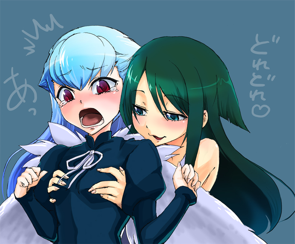 2girls angelos_armas blue_hair blush breasts crossover dougan_calpis_con grabbing_another&#039;s_breast green_eyes green_hair groping henri long_hair multiple_girls nitroplus red_eyes saya_(saya_no_uta) saya_no_uta tears translation_request